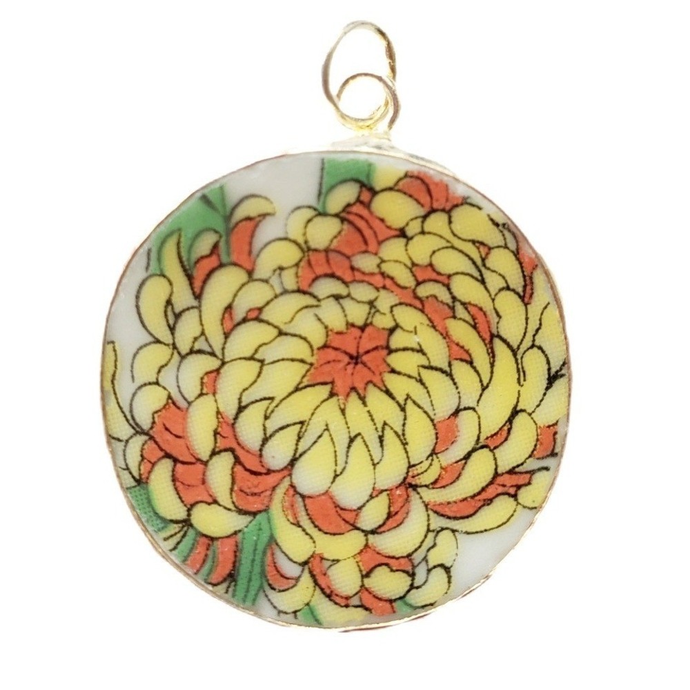 Vintage Broken China Jewelry Yellow‎ Chrysanthemum Floral Pottery Shard Pendant